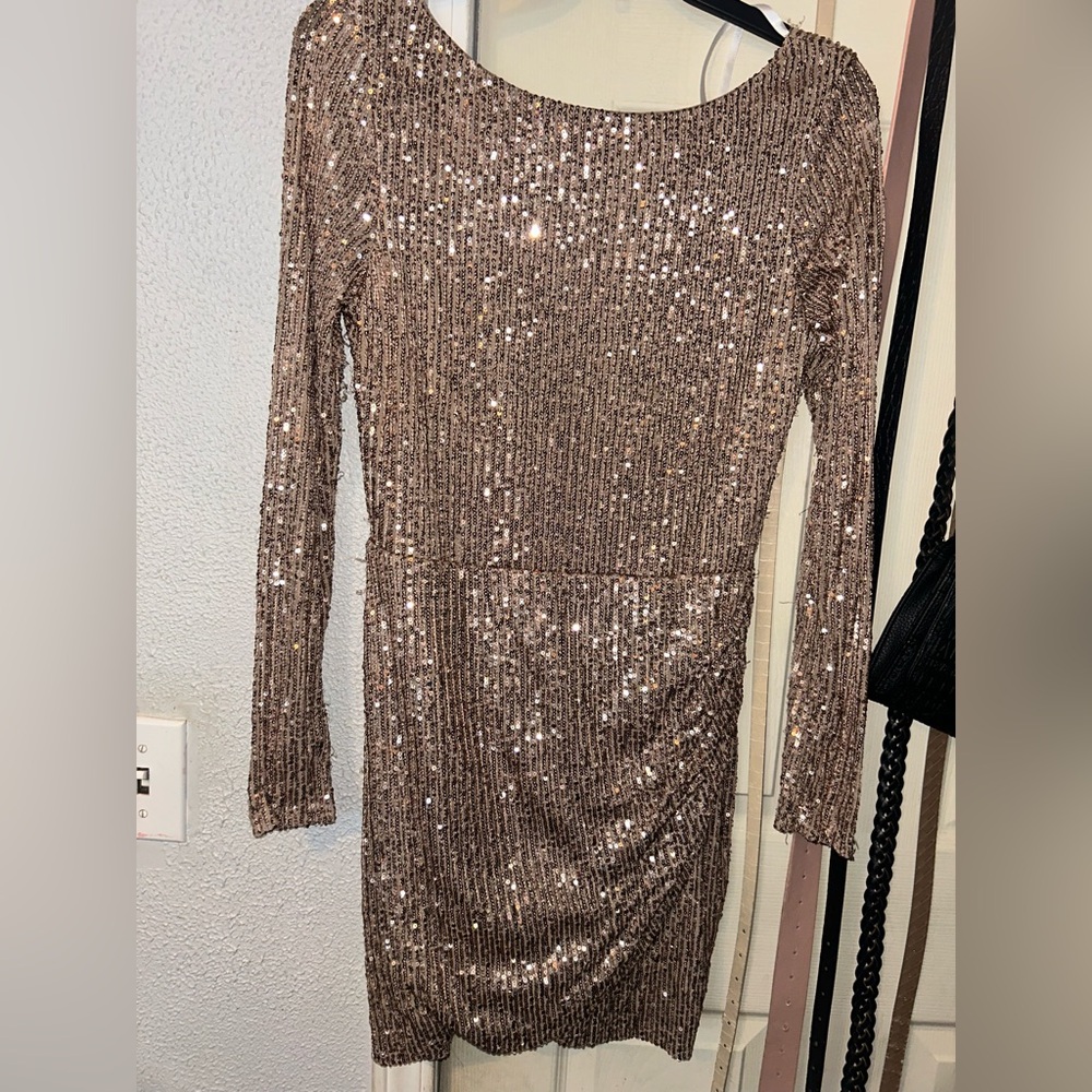 Sequin Long Sleeve Dress - Brown